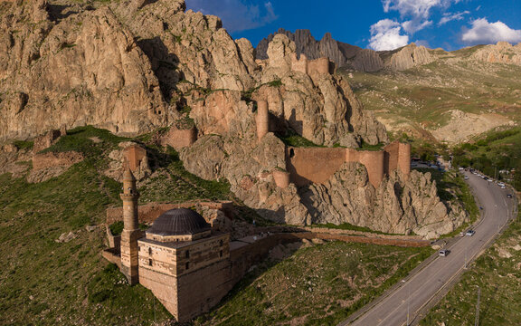 Aerial View of Ishak Pasha Palace, Historic Ottoman-Era Palace in Dogubayazit, Eastern Turkey