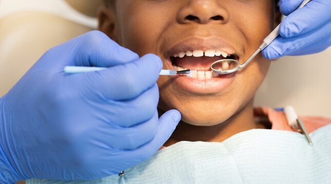 African American child receiving fluoride varnish application from dentist during pediatric dental treatment, close-up of teeth, dental mirror and brush in clinic
