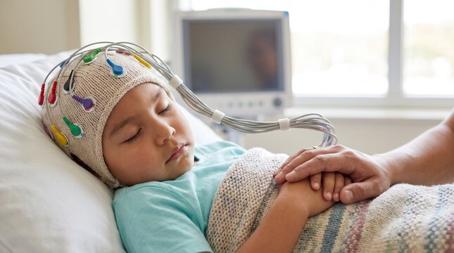 Sleeping child wearing EEG cap during pediatric neurological monitoring in hospital, with parent holding hand beside medical equipment