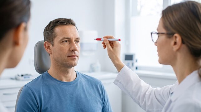 Neurologist testing patient eye movement with pen during cranial nerve examination in clinic, neurological assessment and vision tracking test