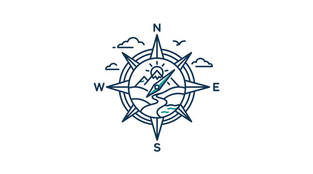 Nautical compass rose with mountain and sun landscape.