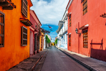 Colorful colonial street in the historic center of Cartagena, Colombia. Traditional architecture...