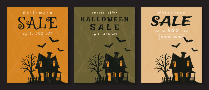 spooky holiday discount banners bundle with haunted house vector illustration.