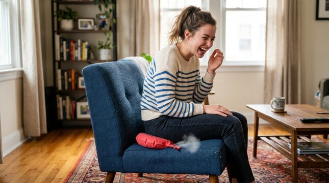 Woman laughing while sitting on whoopee cushion on chair indoors  
