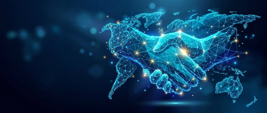 Global digital business partnership handshake concept with low poly wireframe hands shaking over a glowing world map background, perfect for international technology and finance presentations