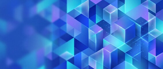 Fototapeta premium Abstract blue geometric background featuring glowing cubes and transparent glass triangles, designed as a modern tech banner for digital presentation slides and corporate website headers