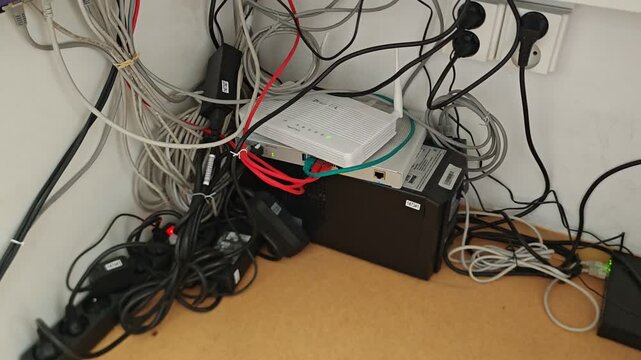 Messy pile of electronic equipment and tangled cables in a corner illustrating clutter and e-waste concept
