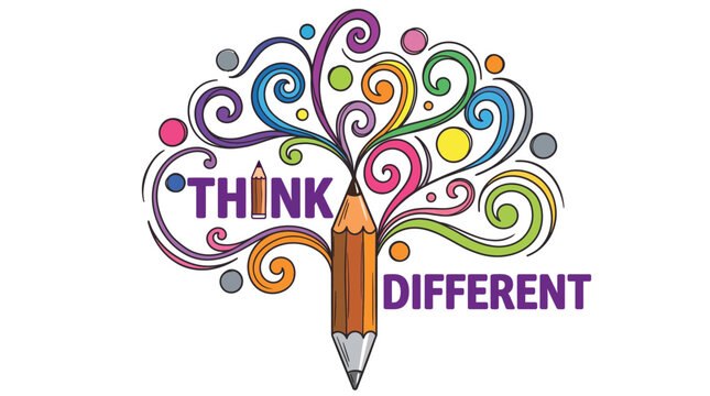 Creative brain concept with pencil and colorful swirls, Think Different text illustration, artistic mind and inspiration vector graphic