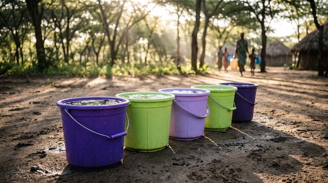 Colorful Plastic Buckets Lined Up for Water Collection in a Rural African Village at Sunset