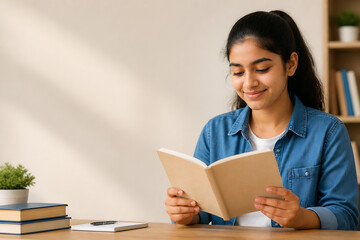 Naklejka premium A young woman with dark hair is sitting at a wooden desk, reading an open book in a bright indoor setting.