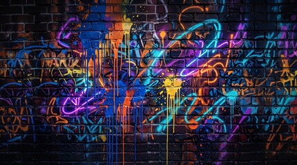 Fototapeta premium Vibrant neon graffiti paint drips on dark brick wall background
