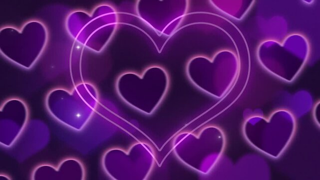 Hearts glow in a vibrant purple pattern across this digital background.