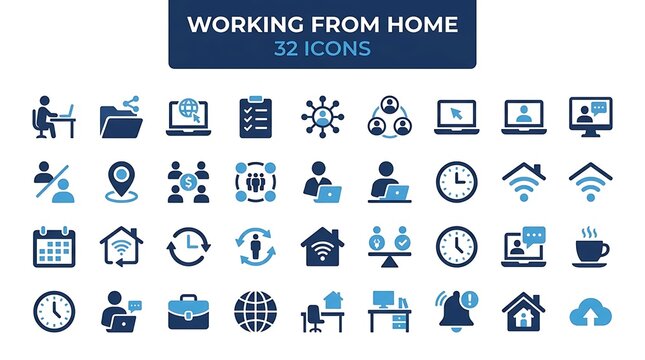 Set of modern blue icons for working from home business and remote communication concepts