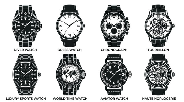 Watches, Luxury Watches, Timepieces, Watch Collection, Black and White Watches, 8 Watches, Vector Watch Icons