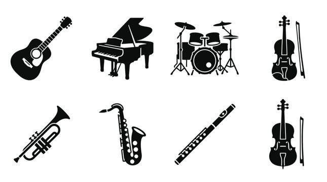 Music instruments icons, black silhouette set, 8 elements, vector graphics