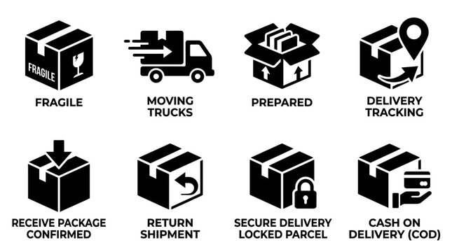 Logistics icons, delivery symbols, shipping labels, parcel signs, transportation graphics