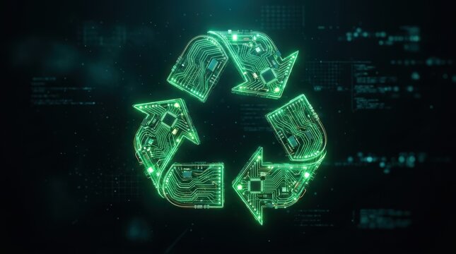 Recycling symbol made of green technological circuit board. Digital e-waste management concept. Electronic hardware reuse and sustainable development in information technology industry.