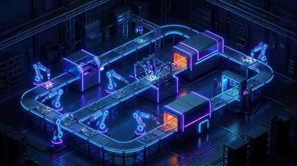 Fototapeta premium Automated production line with robotic arms in high-tech factory. Industrial manufacturing of electronic circuit boards with neon lighting. Digital smart industry and innovation concept.