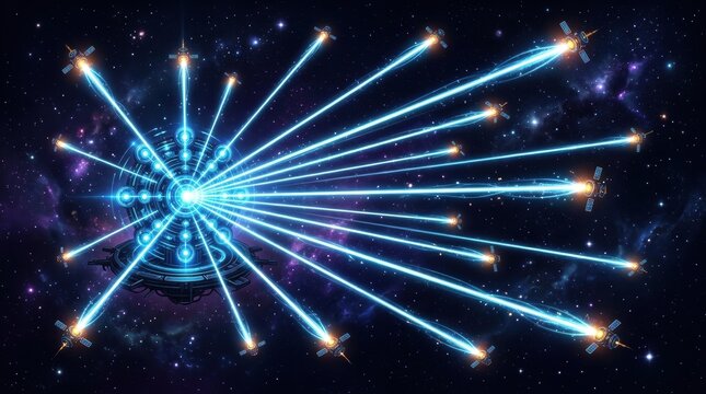 Glowing space station transmitting data with laser beams to orbiting satellites. Advanced communication technology in deep cosmic vacuum. Future network connectivity and signal transfer.