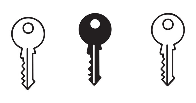 Collection of three standard house key icons in flat black and outlined styles for web interface.