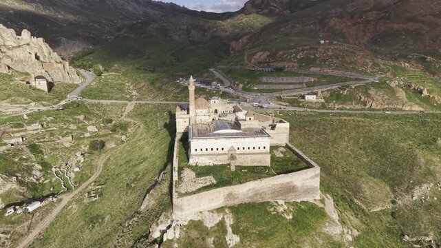 Cinematic Drone Footage of Ishak Pasha Palace in Dogubayazit, Historic Ottoman Palace in Eastern Turkey
