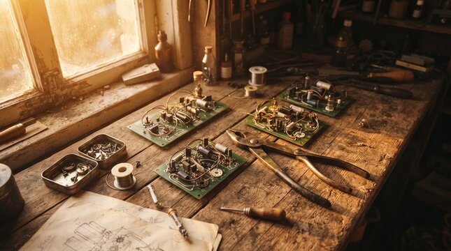 Vintage Electronics Repair Workbench with Circuit Boards and Tools in a Rustic Workshop with Warm Sunlight
