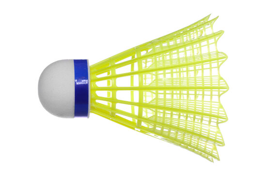 Badminton yellow ball flying isolated on white background, clipping path