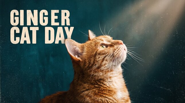 Ginger cat looking up with a curious expression on a dark background celebrating ginger appreciation day