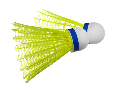  Badminton yellow ball flying isolated on white background, clipping path