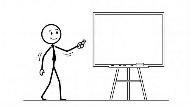 Stick Figure Man Presenting on Blank Whiteboard