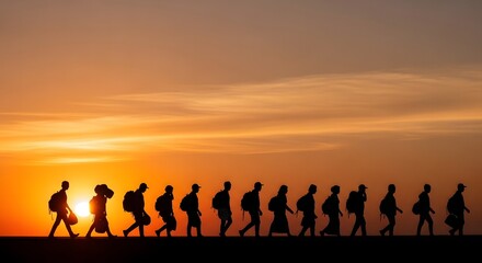 Fototapeta premium Silhouette of people walking in line with backpacks against vibrant orange sunset sky representing migration journey or pilgrimage concept.