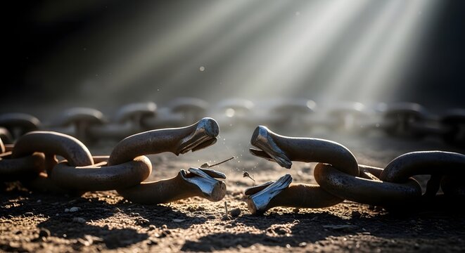 Broken rusty metal chain lying on ground with light rays shining through dark background symbolizing freedom and release from bondage or struggle.