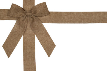 Fototapeta premium Natural Linen Gift Ribbon with Bow Isolated on White Background, Rustic Gift Wrapping Border with Copy Space