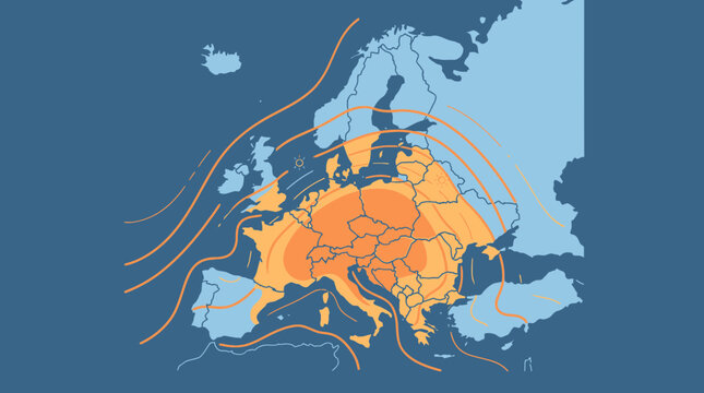 Heat dome map showing rising temperatures in Europe.