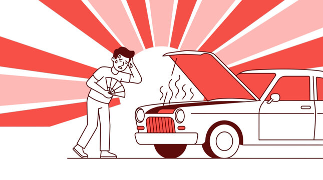 Man fanning himself near smoking overheated car engine.