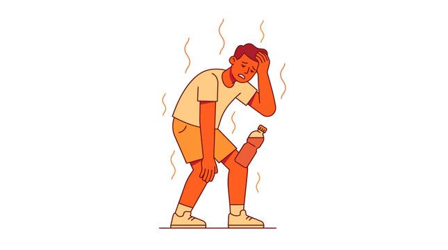 Man sweating heavily with water bottle under hot sun