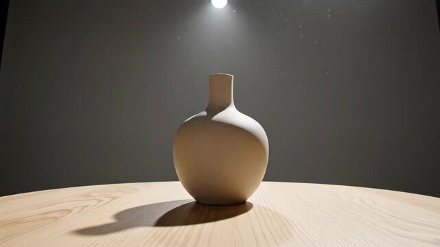 Minimalist ceramic vase on round wooden table centered under single overhead spotlight in dark studio setting. Light-colored pottery on oak grain surface with dramatic shadows.