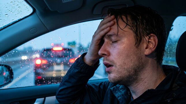 Stressed Man Sitting in Car During Traffic Jam on Rainy Day