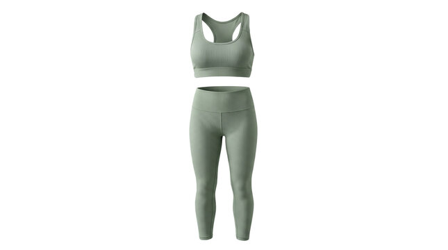 Green female fitness yoga set with sports bra and compression leggings isolated on white background for athletic gym wear and exercise apparel collection