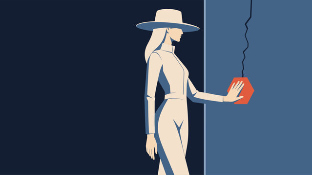 Elegant minimalist vector illustration of an ethical white hat hacker as penetration tester sealing a hairline crack in a monumental dark system wall. She wears a clean wide-brimmed white hat.