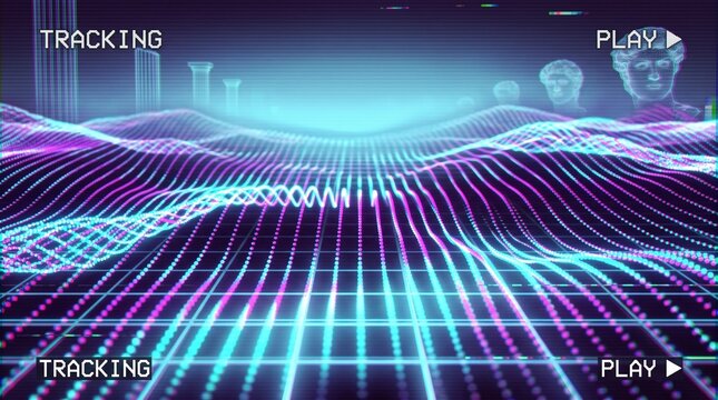 Retro Vaporwave Background with Neon Grid Waves, VHS Glitch Effect, and Classical Greek Statues in Synthwave Style