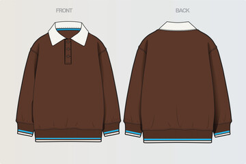 A collection of clean, modern vector apparel technical flats featuring hoodies, sweatshirts, rugby polos, and color-blocked casual wear. Ideal for fashion design, apparel mockups, tech packs © Jerry