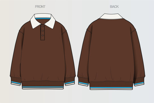 A collection of clean, modern vector apparel technical flats featuring hoodies, sweatshirts, rugby polos, and color-blocked casual wear. Ideal for fashion design, apparel mockups, tech packs