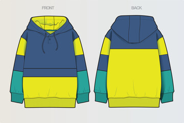 A collection of clean, modern vector apparel technical flats featuring hoodies, sweatshirts, rugby polos, and color-blocked casual wear. Ideal for fashion design, apparel mockups, tech packs © Jerry