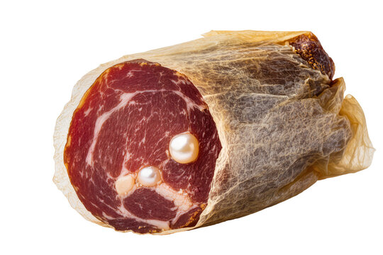 Isolated unusual and luxurious concept of cured pork meat featuring elegant white pearls