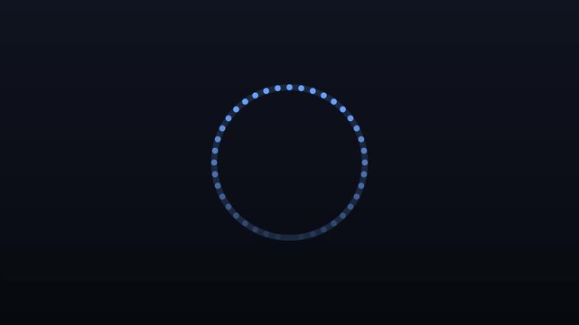 Minimalist loading spinner circle animation with glowing blue dots on dark 4k background, progress