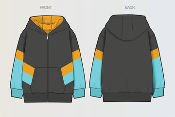 A collection of clean, modern vector apparel technical flats featuring hoodies, sweatshirts, rugby polos, and color-blocked casual wear. Ideal for fashion design, apparel mockups, tech packs © Jerry