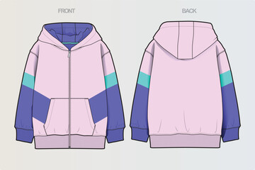 A collection of clean, modern vector apparel technical flats featuring hoodies, sweatshirts, rugby polos, and color-blocked casual wear. Ideal for fashion design, apparel mockups, tech packs © Jerry