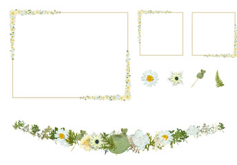 Pressed flower and greenery clipart set with gold frames, corners, garland and single daisy, eucalyptus and fern elements, botanical design bundle for wedding and card, isolated © Futaba