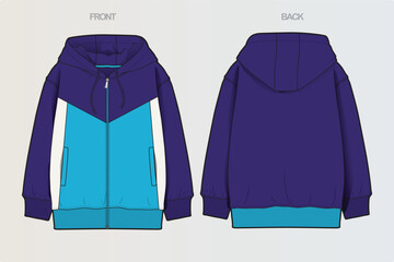 A collection of clean, modern vector apparel technical flats featuring hoodies, sweatshirts, rugby polos, and color-blocked casual wear. Ideal for fashion design, apparel mockups, tech packs © Jerry